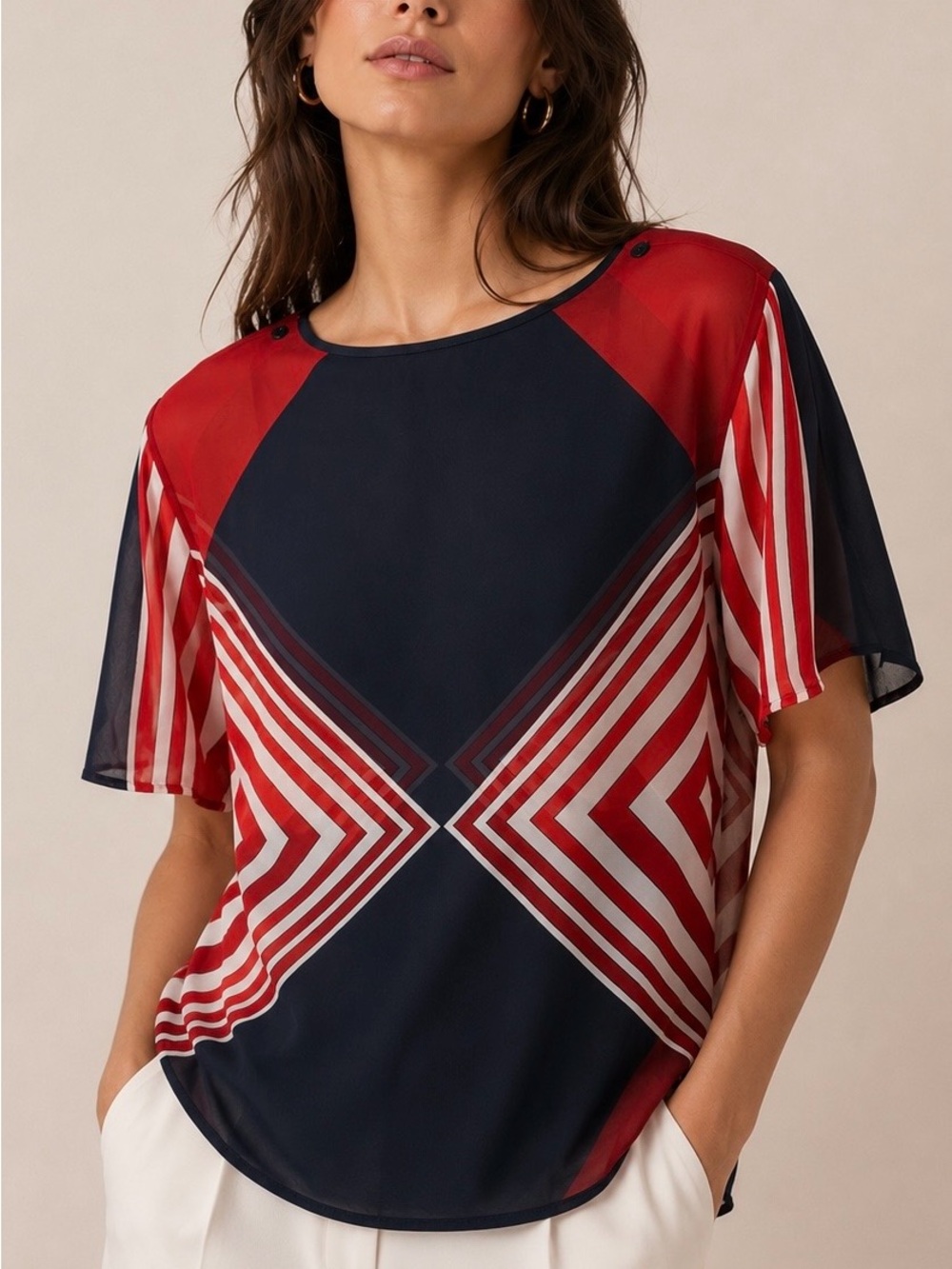 Missoni Silk Navy and Red Geometric Short-Sleeve Blouse